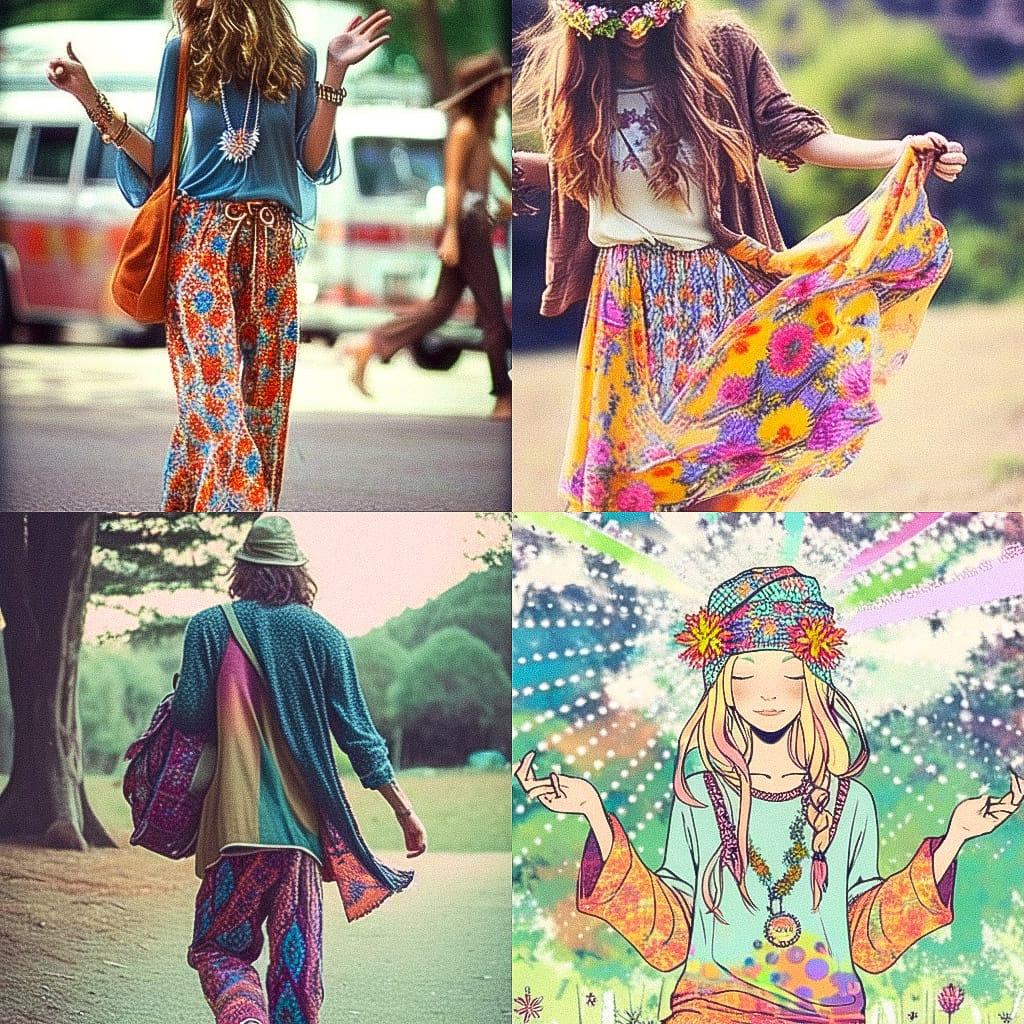 Hippie fashion style, Midjourney Niji 4, render 1 of 4