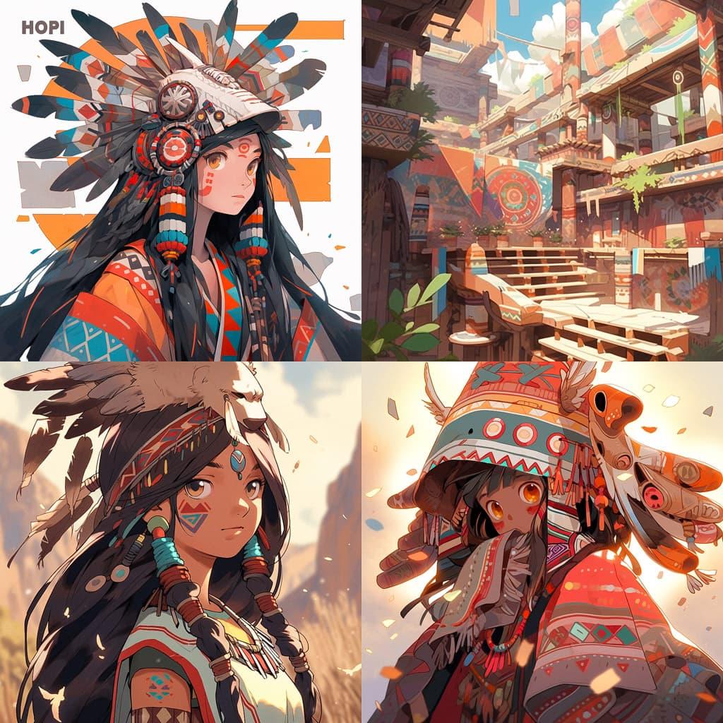 Hopi art style, Midjourney Niji 5, render 1 of 4