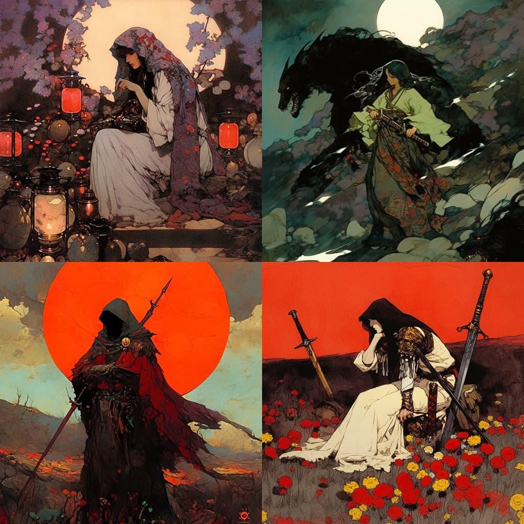Howard Pyle style, Midjourney Niji 5, render 1 of 4