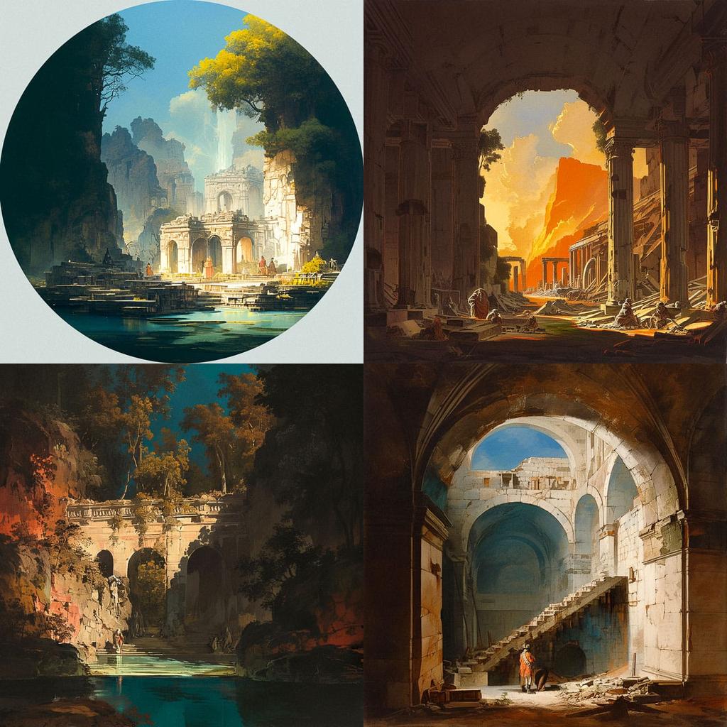 Hubert Robert style, Midjourney Niji 5, render 1 of 4