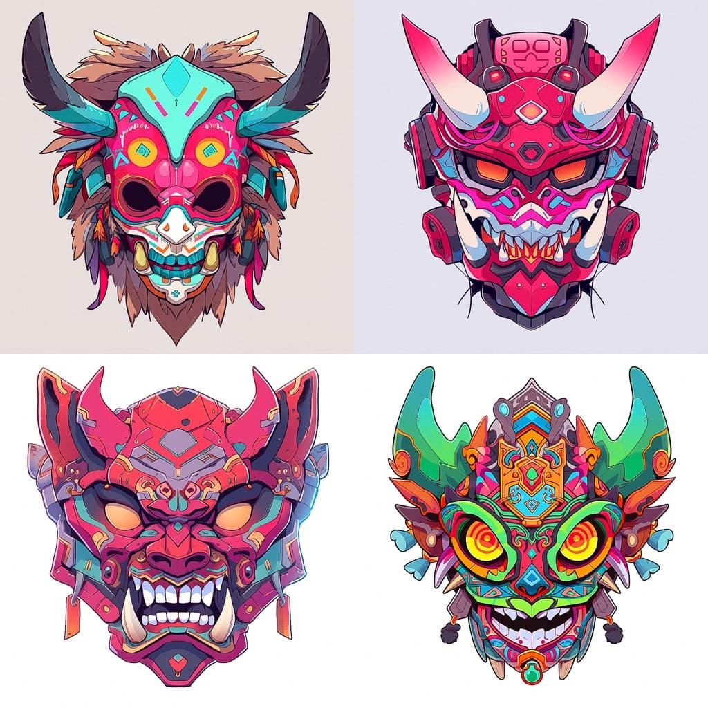 Hudoq mask style, Midjourney Niji 5, render 1 of 4