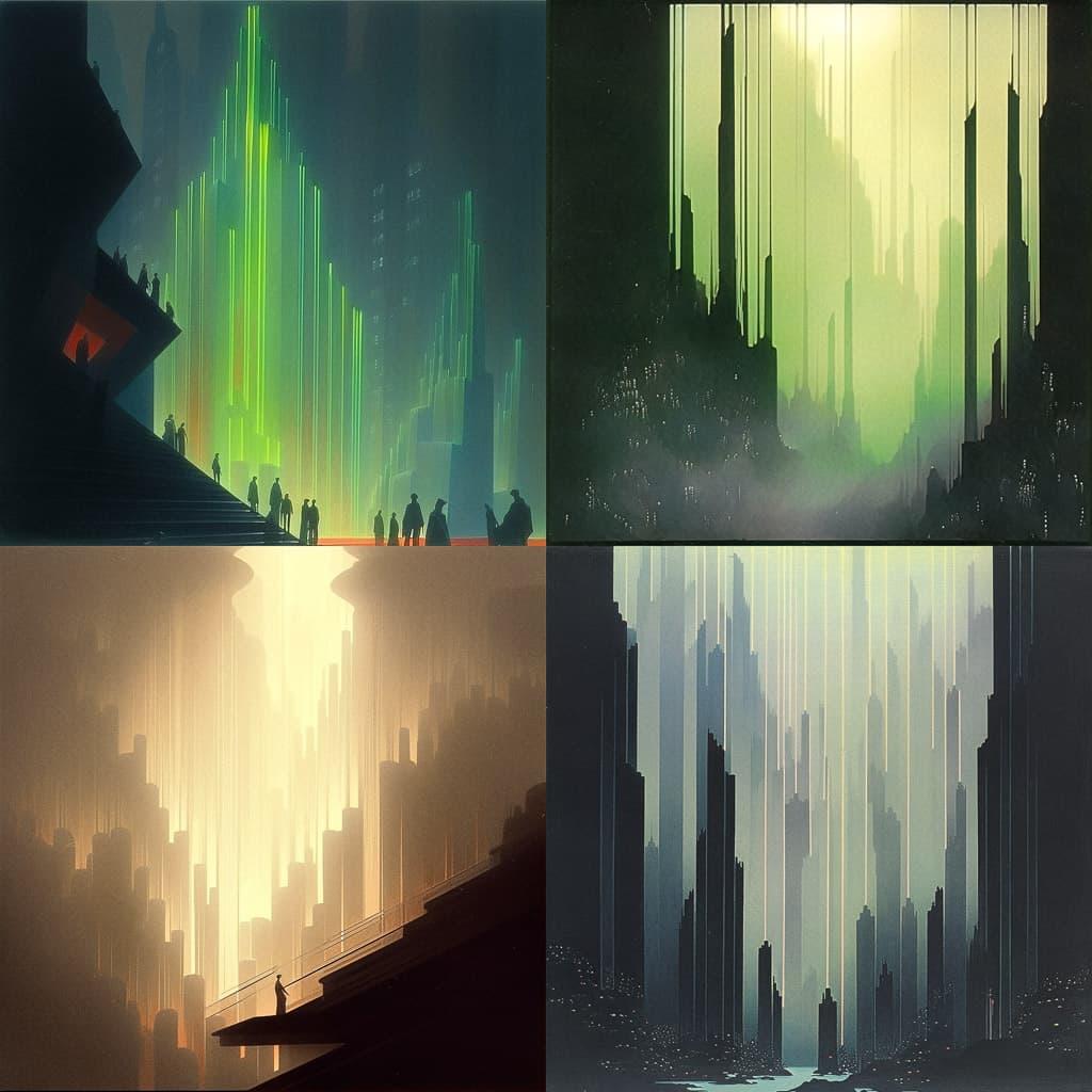 Hugh Ferriss style, Midjourney Niji 5, render 1 of 4