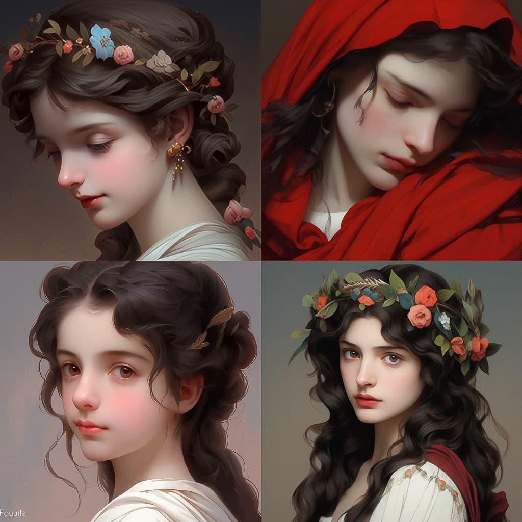 Hugues Merle style, Midjourney Niji 5, render 1 of 4
