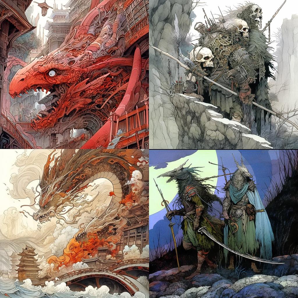 Ian Miller style, Midjourney Niji 5, render 1 of 4