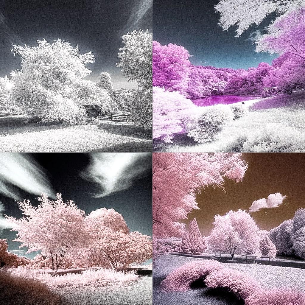 Infrared photography style, Midjourney Niji 4, render 1 of 4