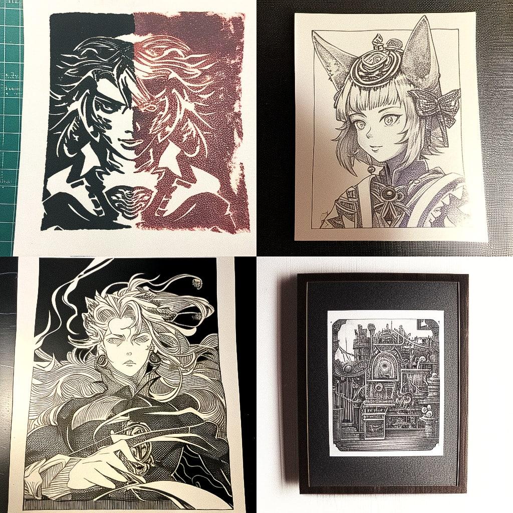 Intaglio print style, Midjourney Niji 4, render 1 of 4