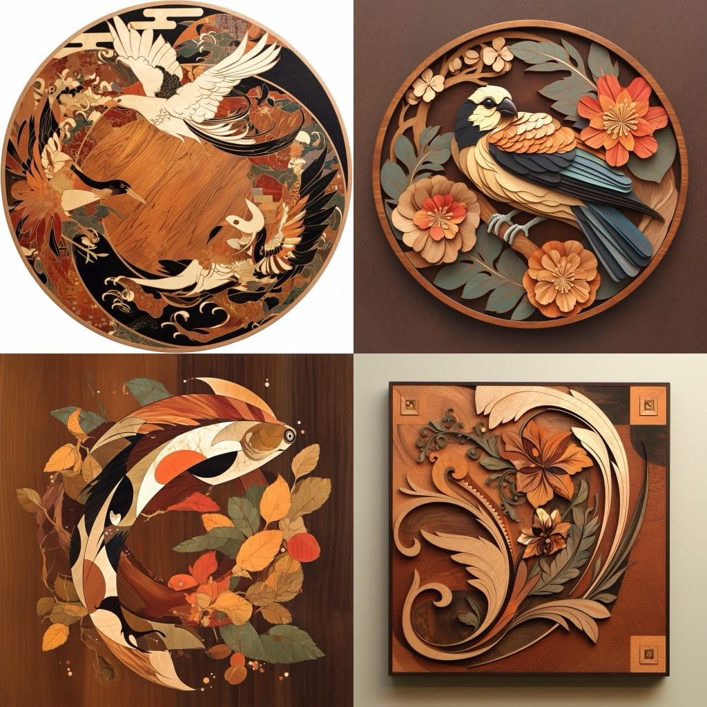 Intarsia woodworking style, Midjourney Niji 6, render 1 of 4