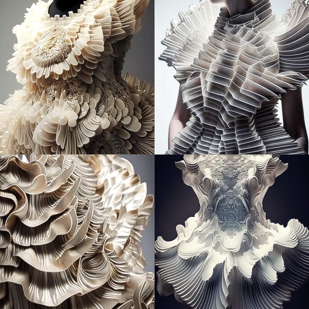 Iris van Herpen style, Midjourney Niji 4, render 1 of 4