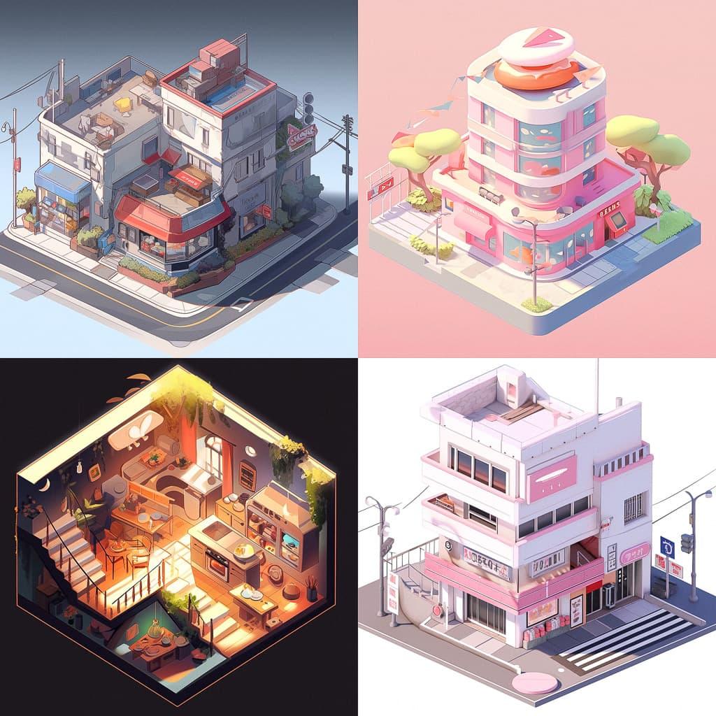 Isometric projection style, Midjourney Niji 5, render 1 of 4