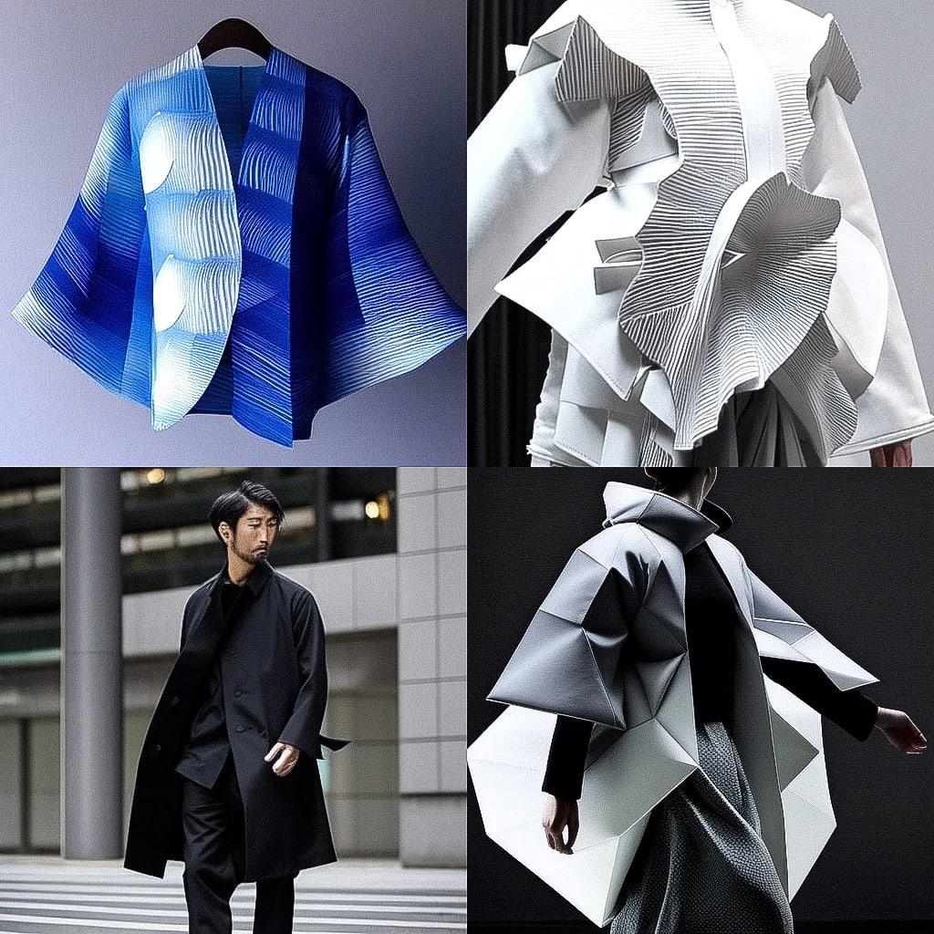 Issey Miyake style, Midjourney Niji 4, render 1 of 4