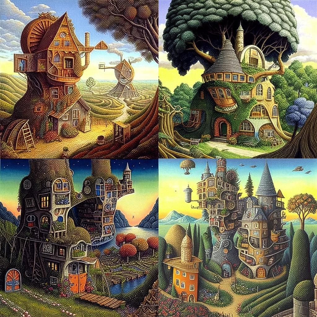 Jacek Yerka style, Midjourney Niji 4, render 1 of 4