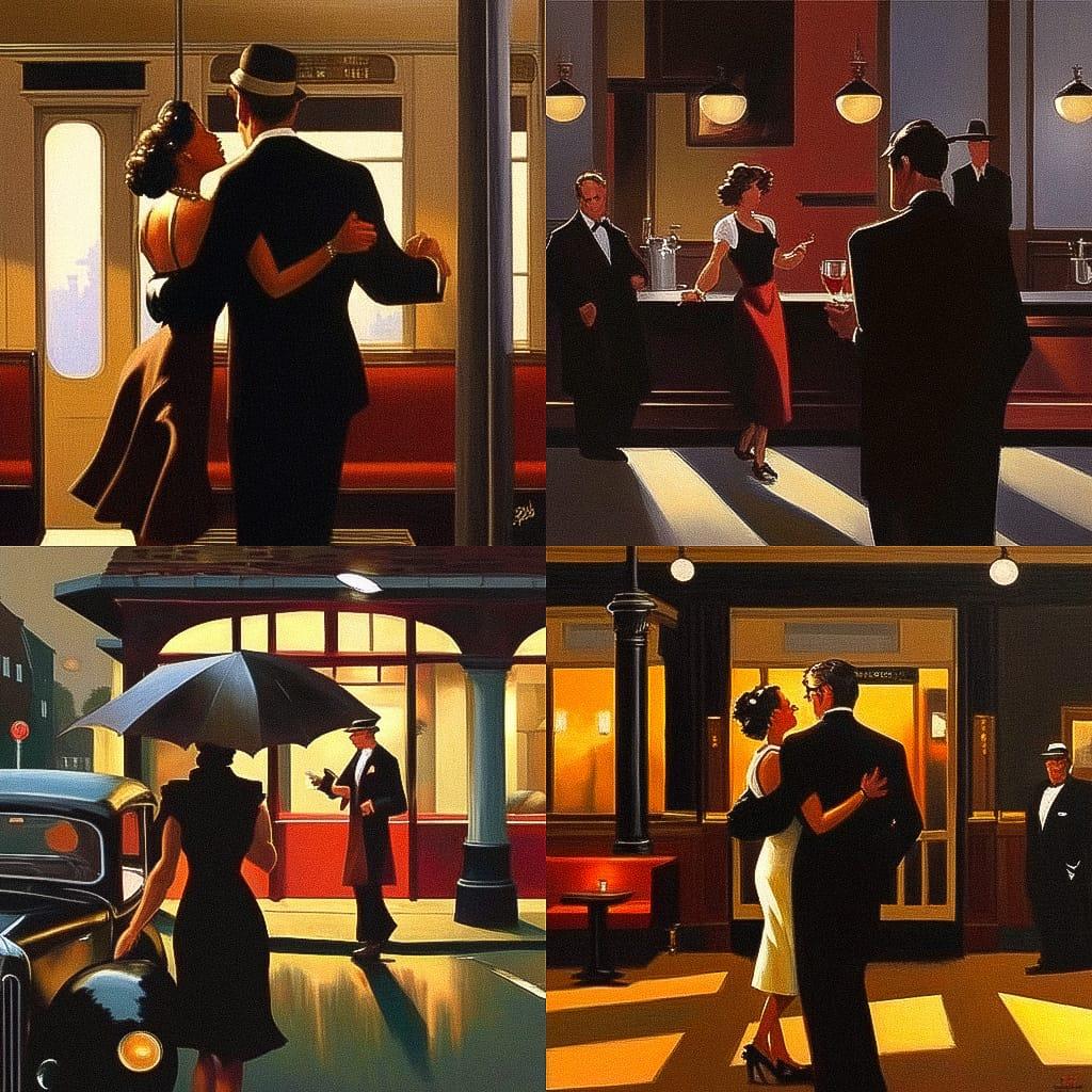 Jack Vettriano style, Midjourney Niji 5, render 1 of 4