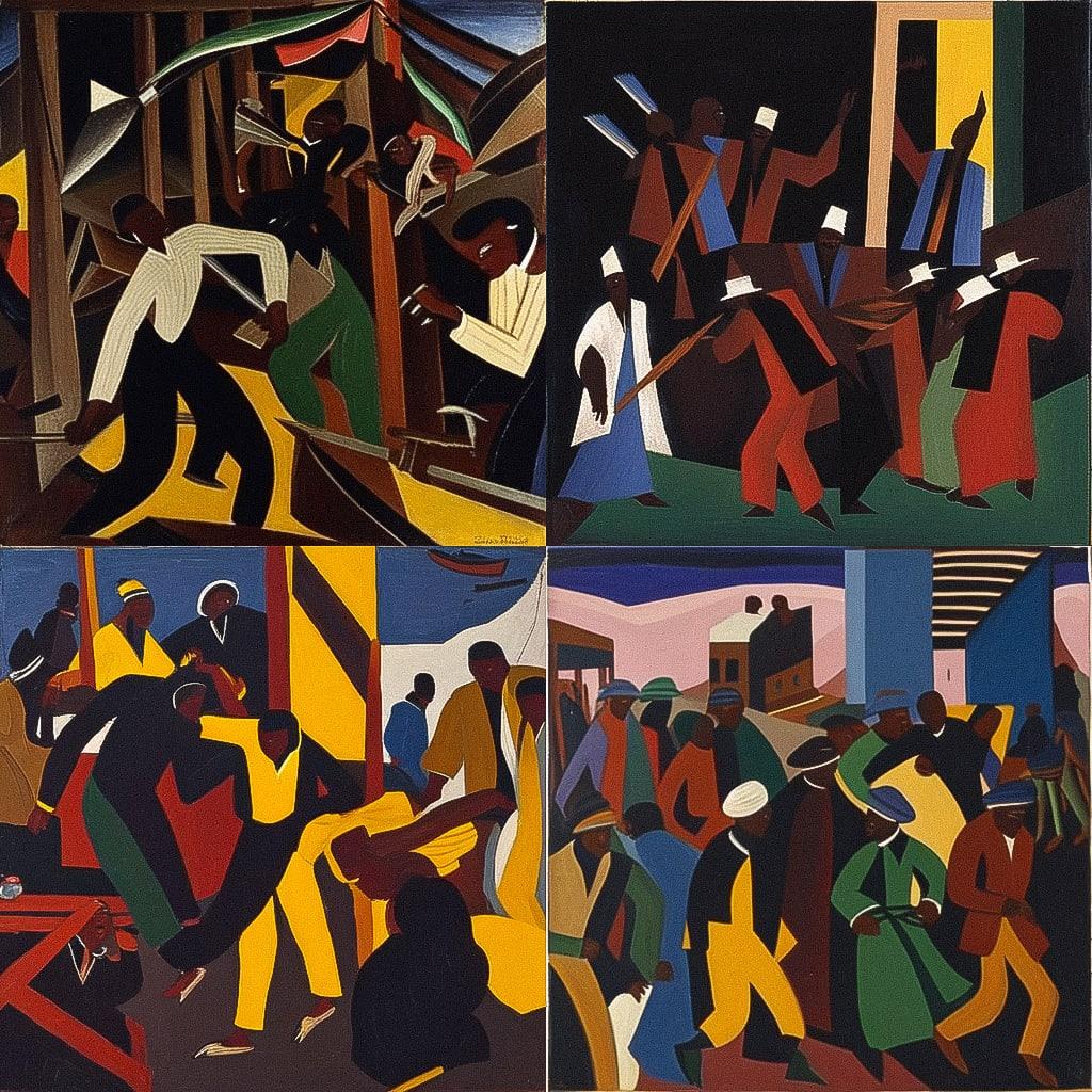 Jacob Lawrence style, Midjourney Niji 4, render 1 of 4