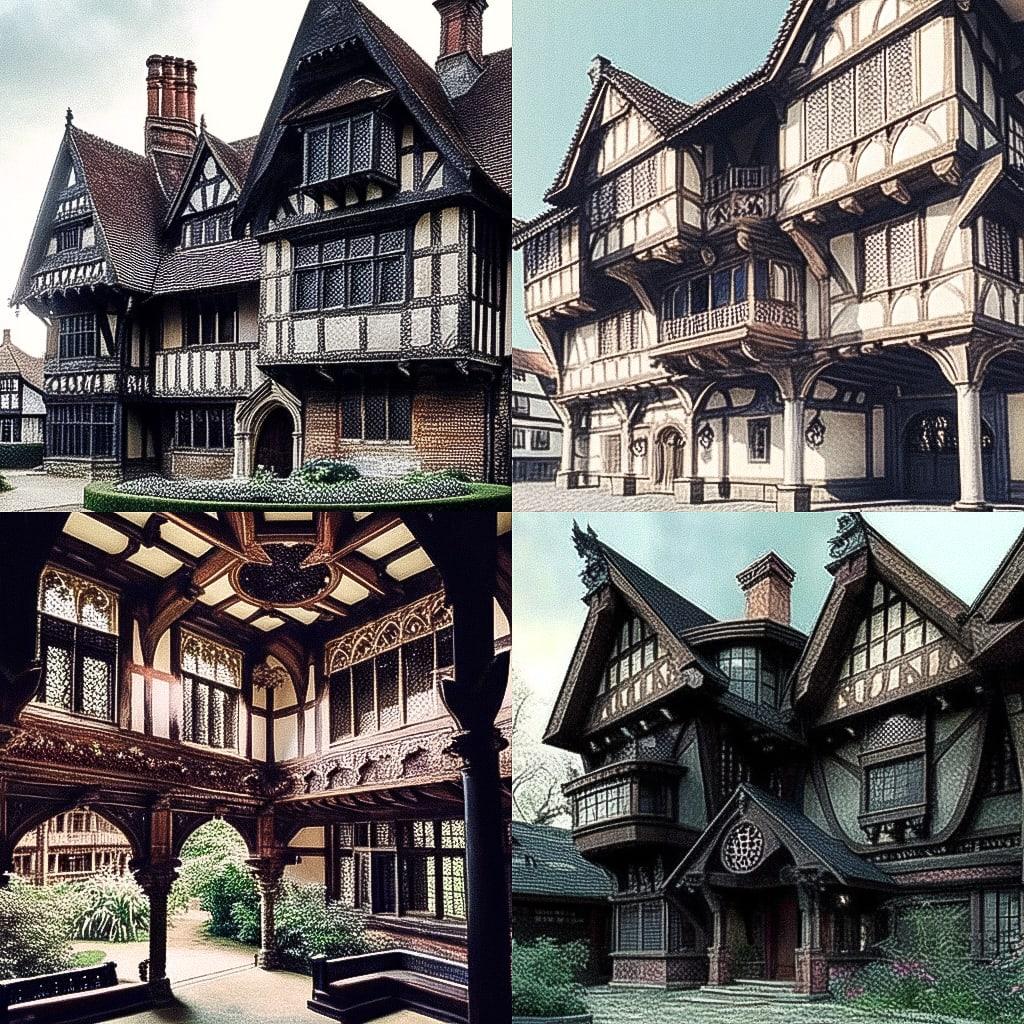 Jacobean architecture style, Midjourney Niji 4, render 1 of 4