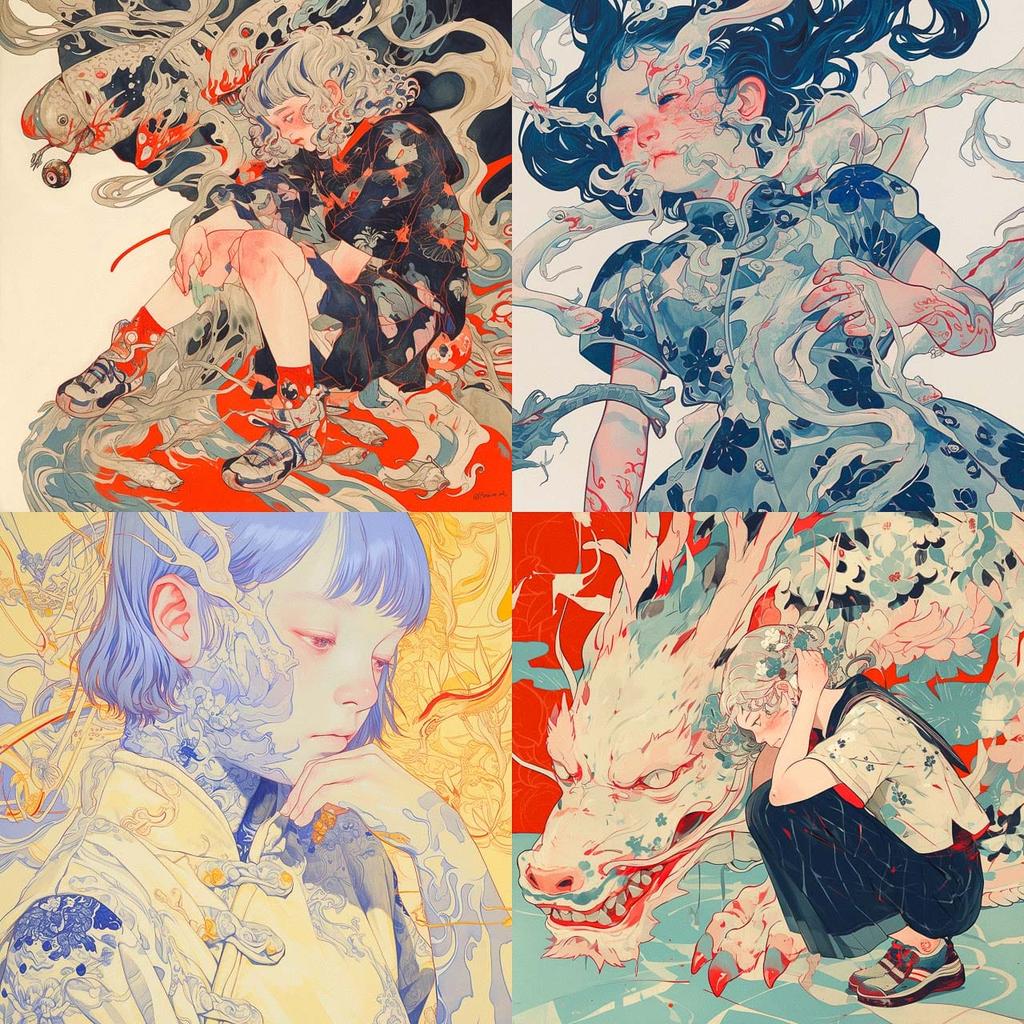 James Jean style, Midjourney Niji 5, render 1 of 4
