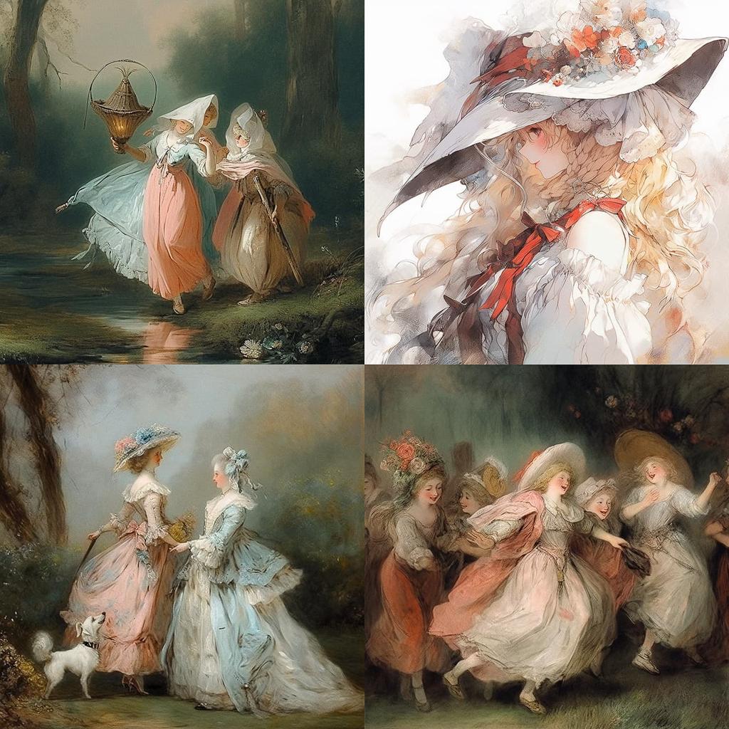 Jean-Antoine Watteau style, Midjourney Niji 5, render 1 of 4