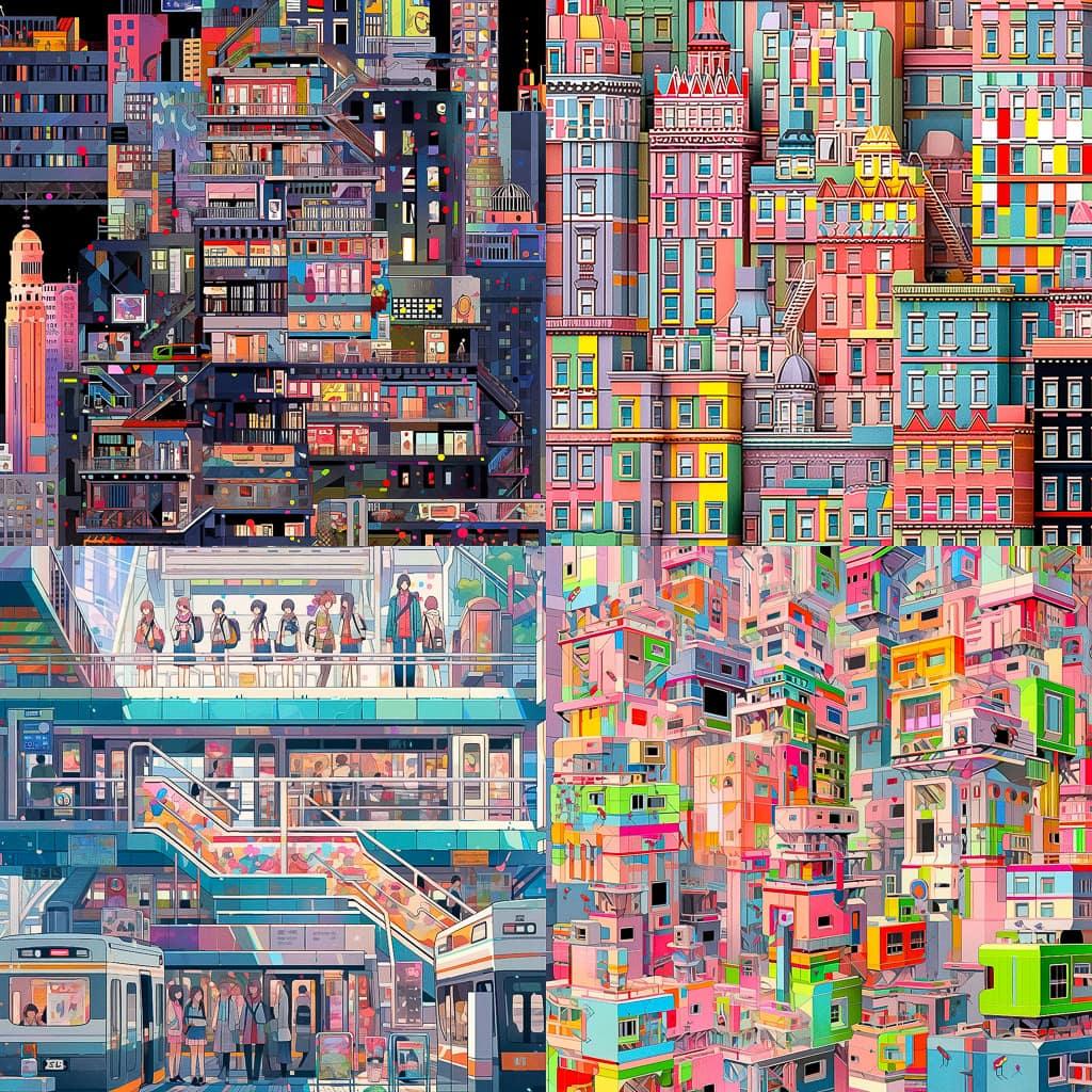 Jeffrey Milstein style, Midjourney Niji 5, render 1 of 4