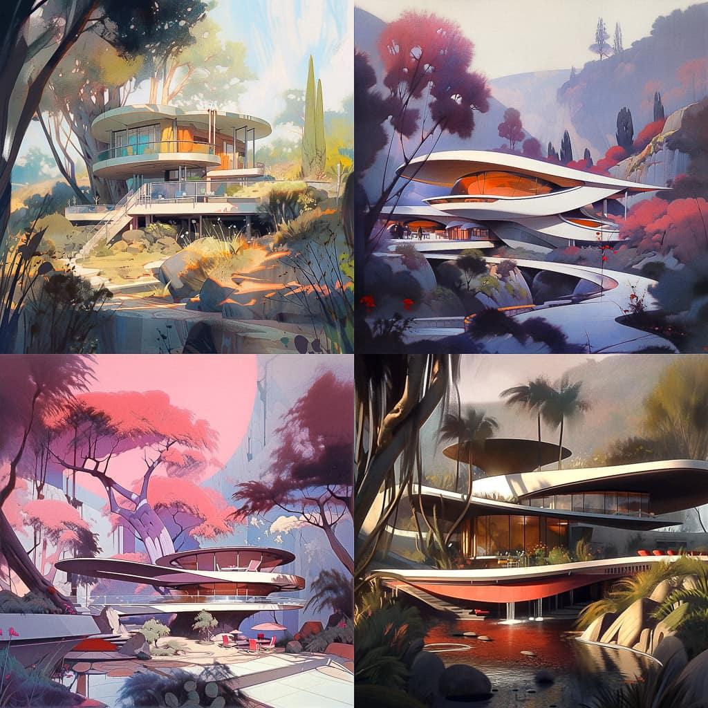 John Lautner style, Midjourney Niji 5, render 1 of 4