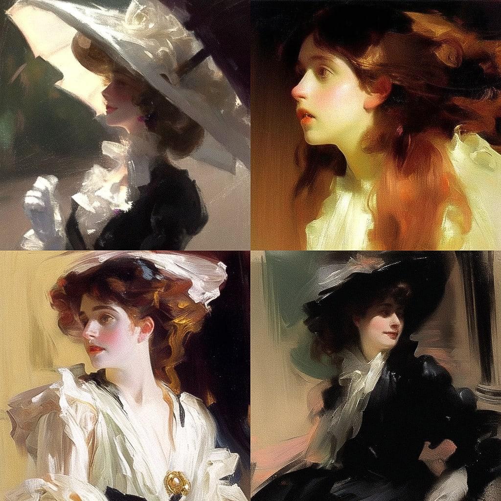 John Singer Sargent style, Midjourney Niji 4, render 1 of 4