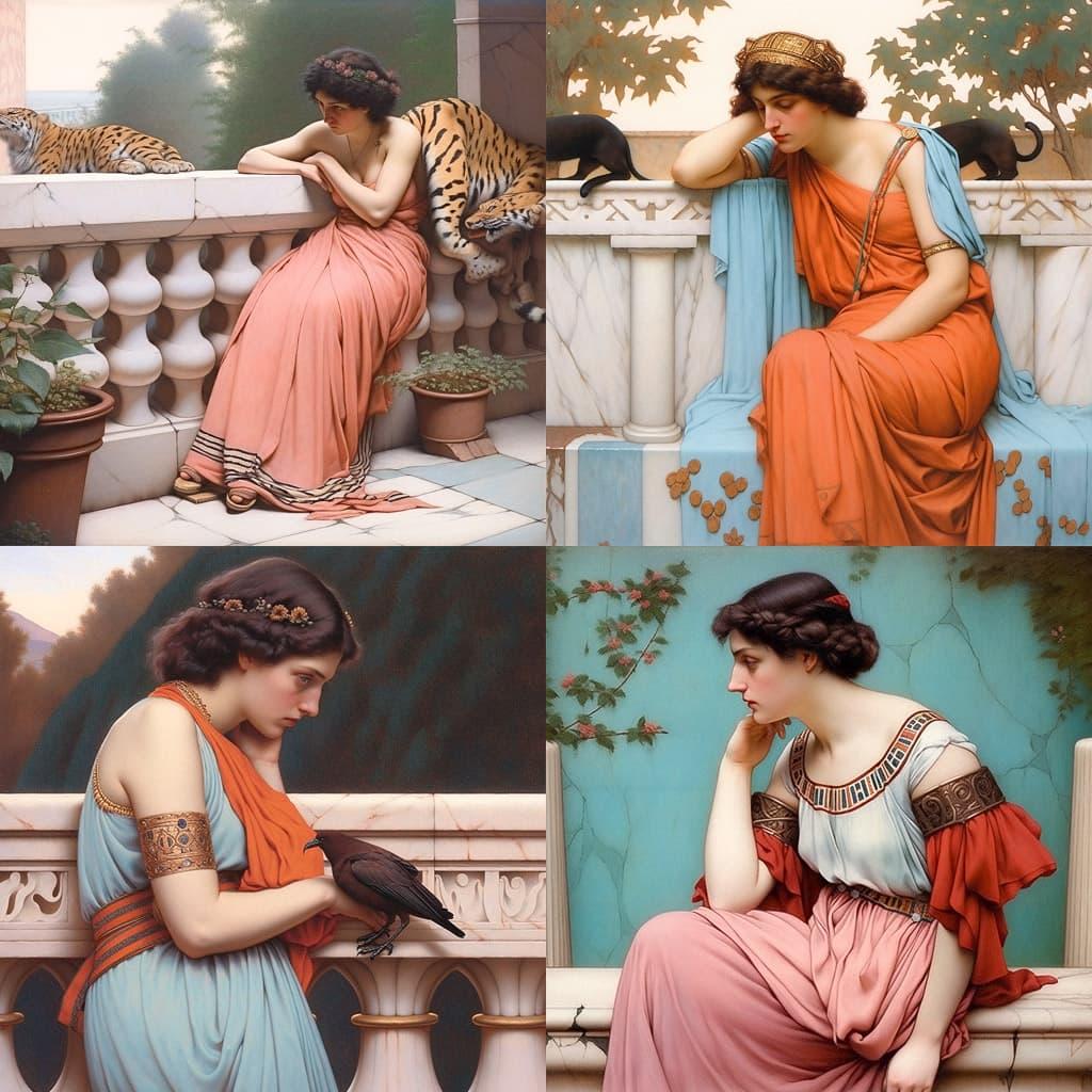 John William Godward style, Midjourney Niji 5, render 1 of 4