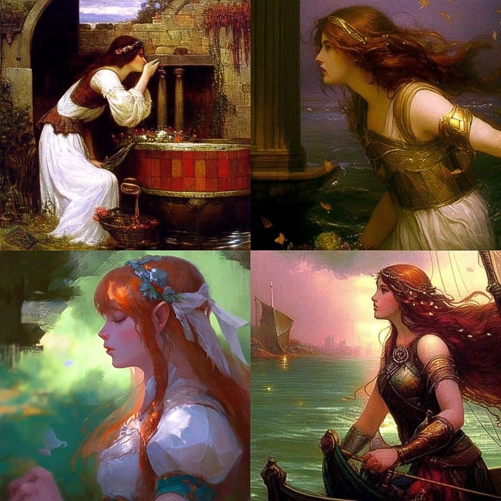 John William Waterhouse style, Midjourney Niji 4, render 1 of 4