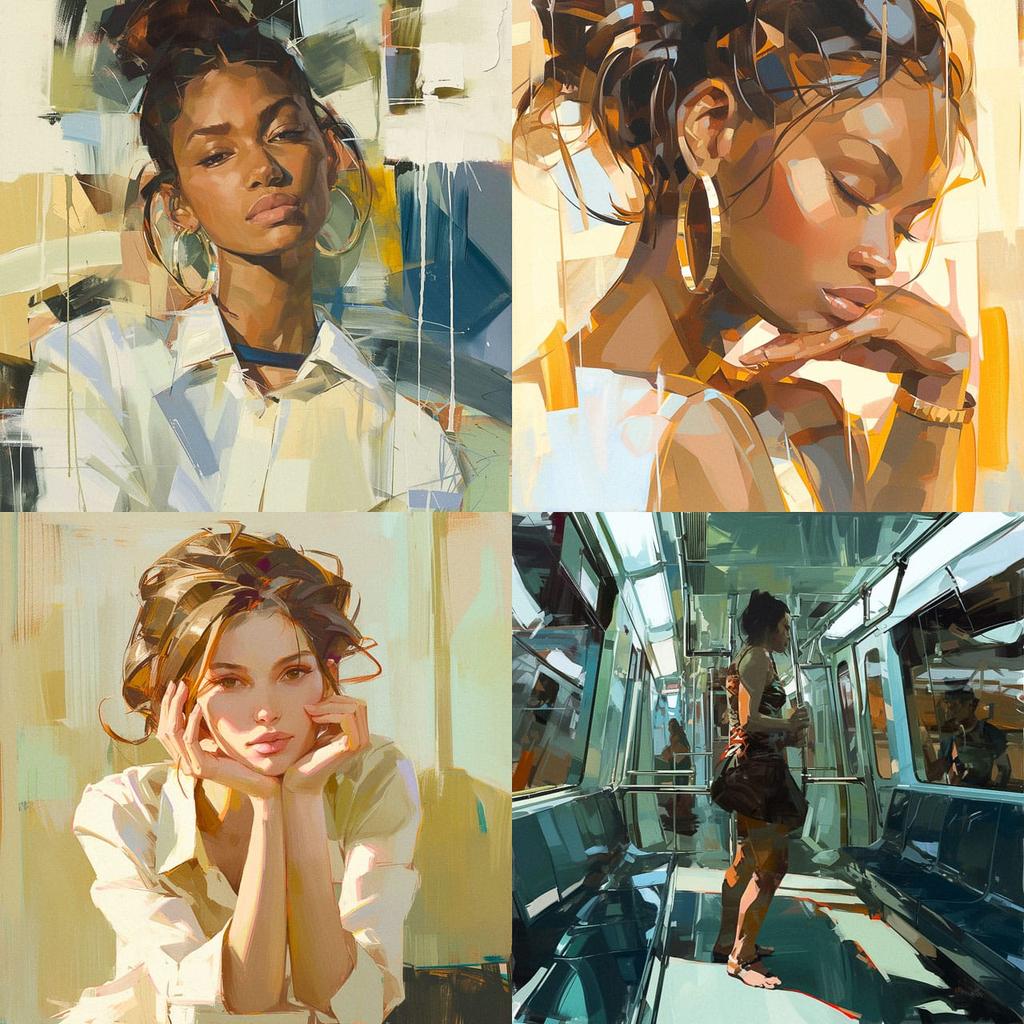 Johnny Morant style, Midjourney Niji 6, render 1 of 4
