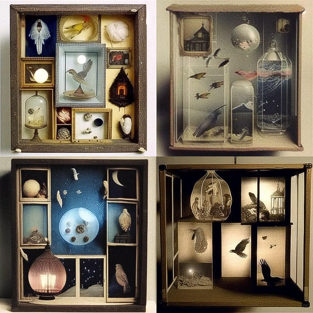 Joseph Cornell style, Midjourney Niji 4, render 1 of 4