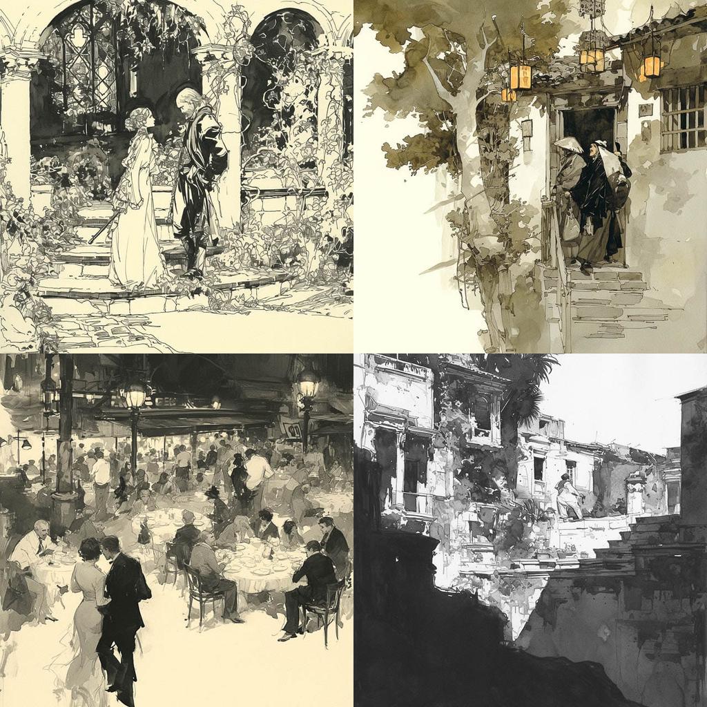 Joseph Pennell style, Midjourney Niji 6, render 1 of 4