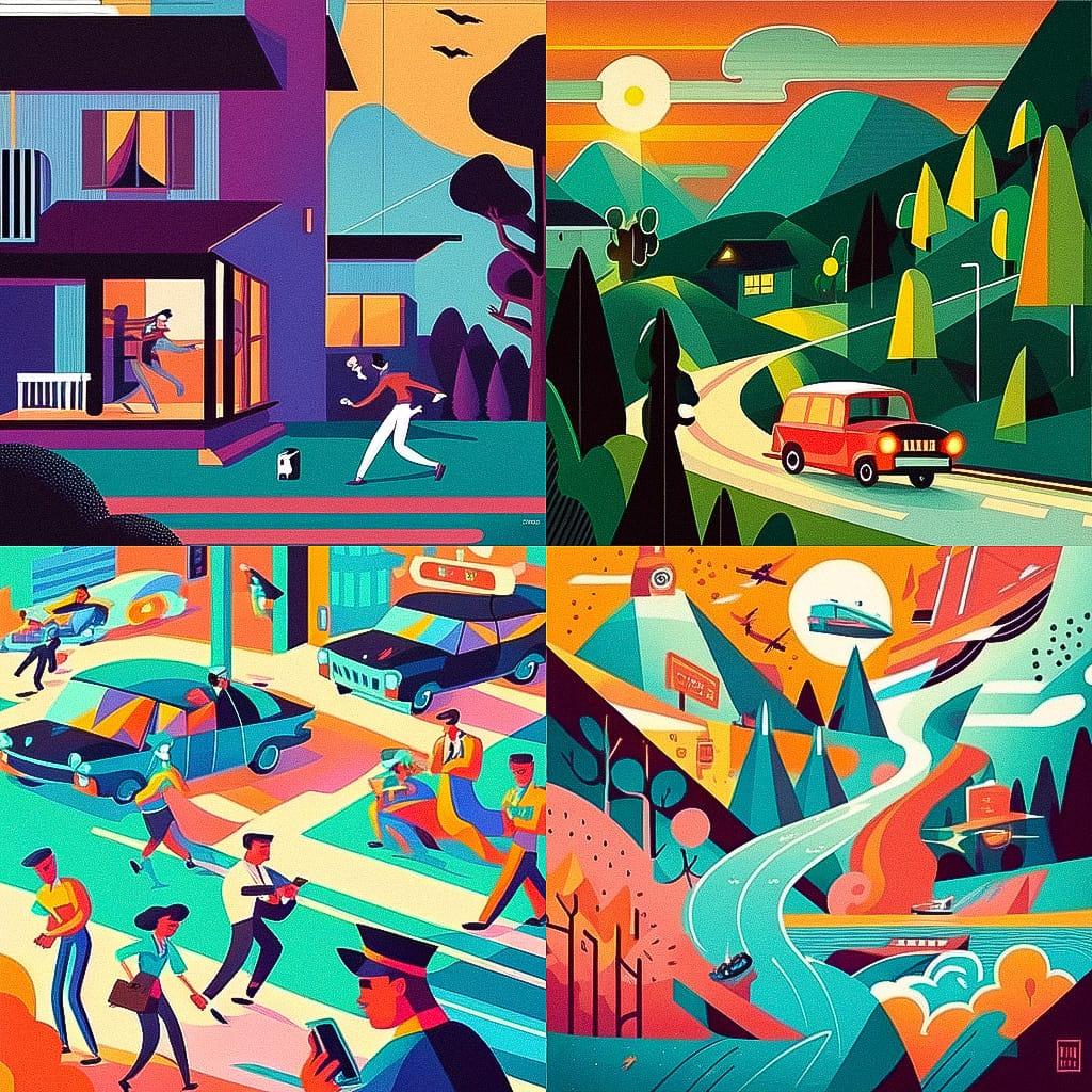 Josh Agle style, Midjourney Niji 4, render 1 of 4