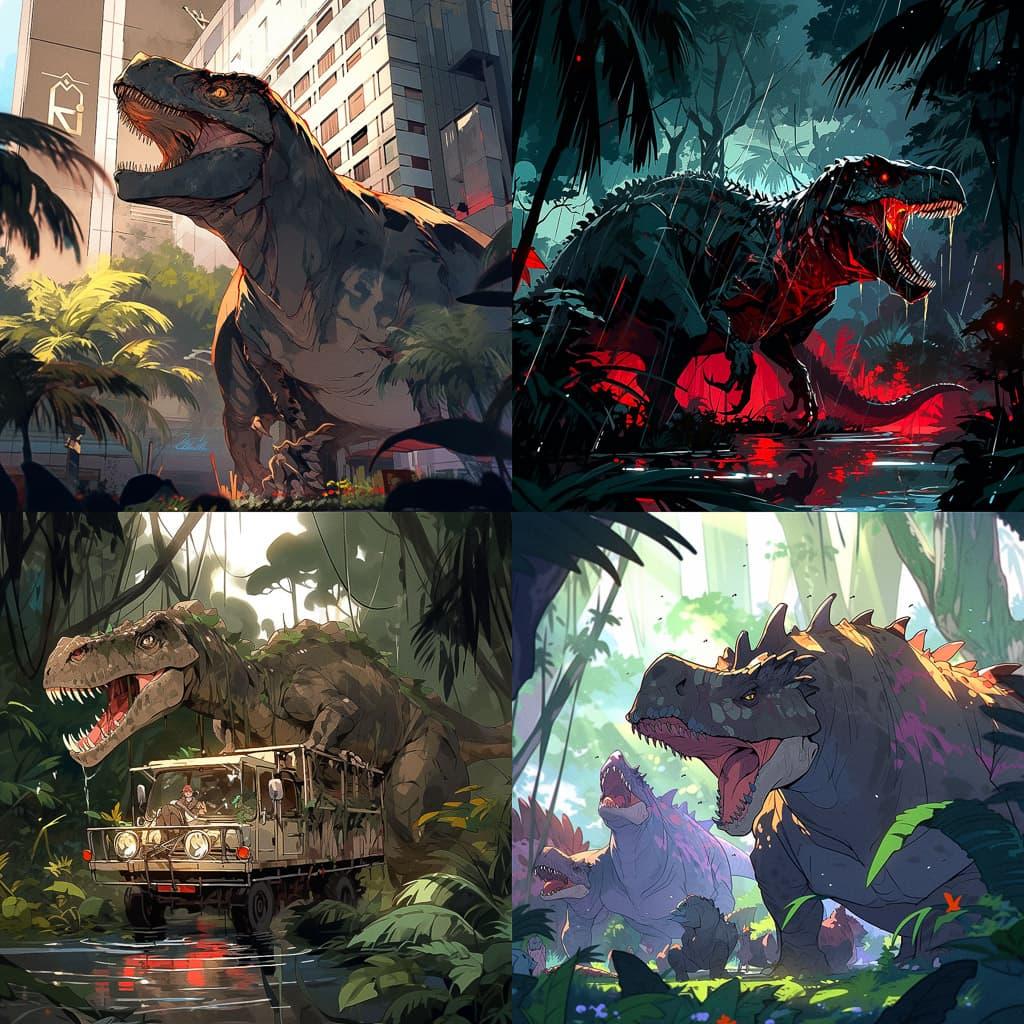 Jurassic Park style, Midjourney Niji 5, render 1 of 4