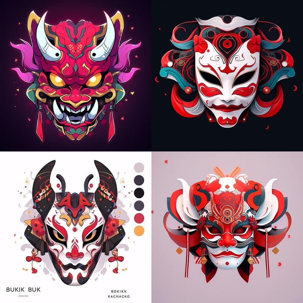 Kabuki mask style, Midjourney Niji 5, render 1 of 4