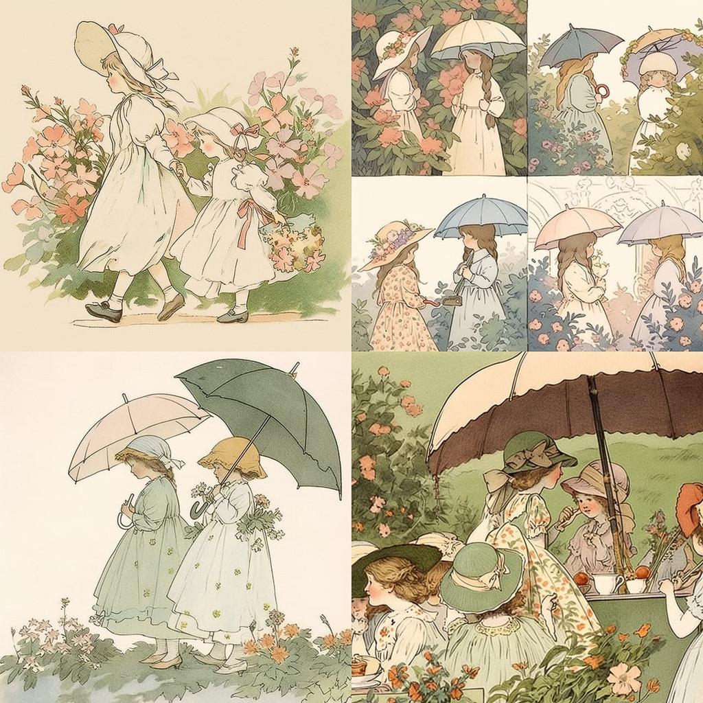 Kate Greenaway style, Midjourney Niji 5, render 1 of 4