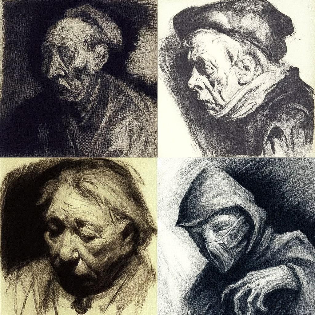 Kathe Kollwitz style, Midjourney Niji 4, render 1 of 4