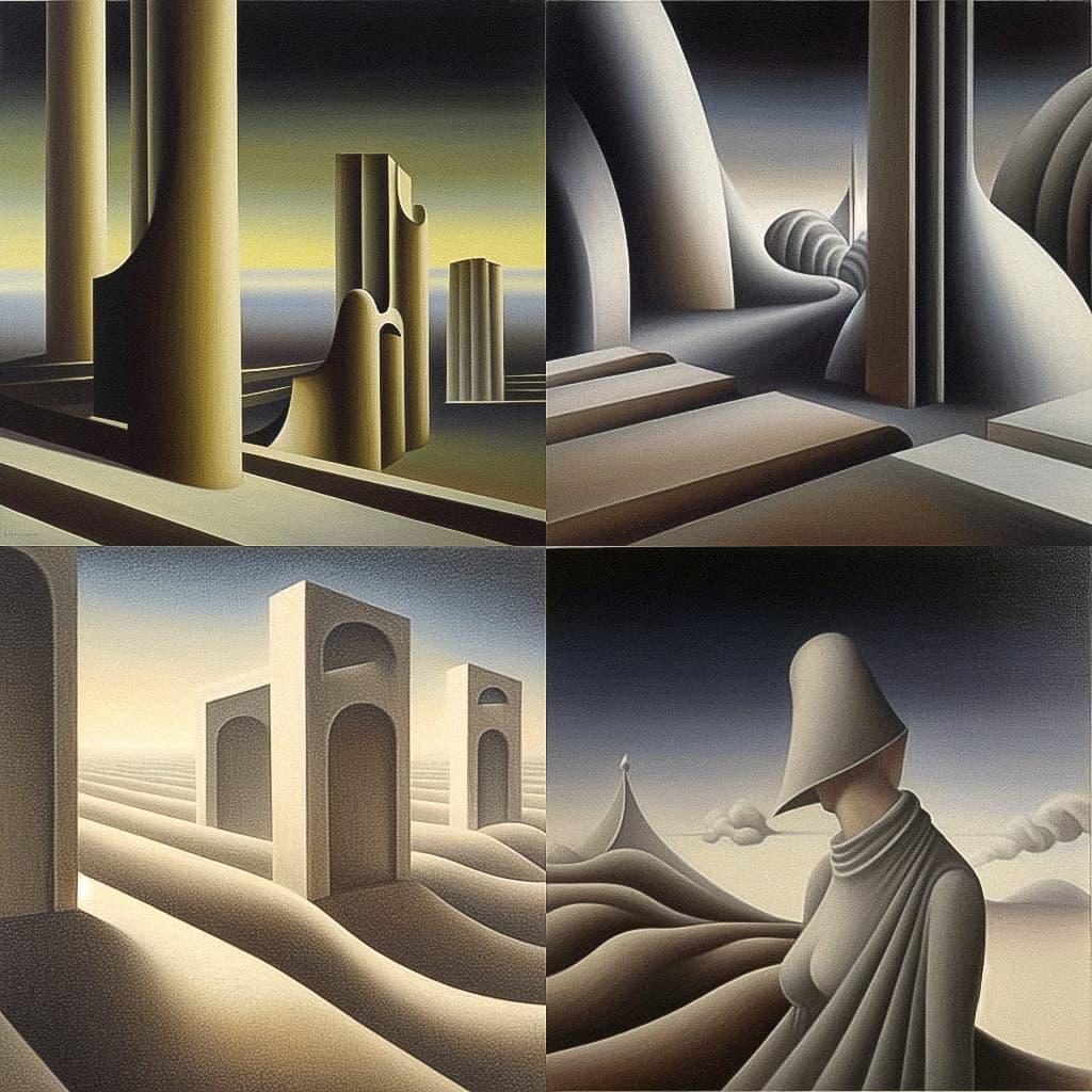 Kay Sage style, Midjourney Niji 5, render 1 of 4