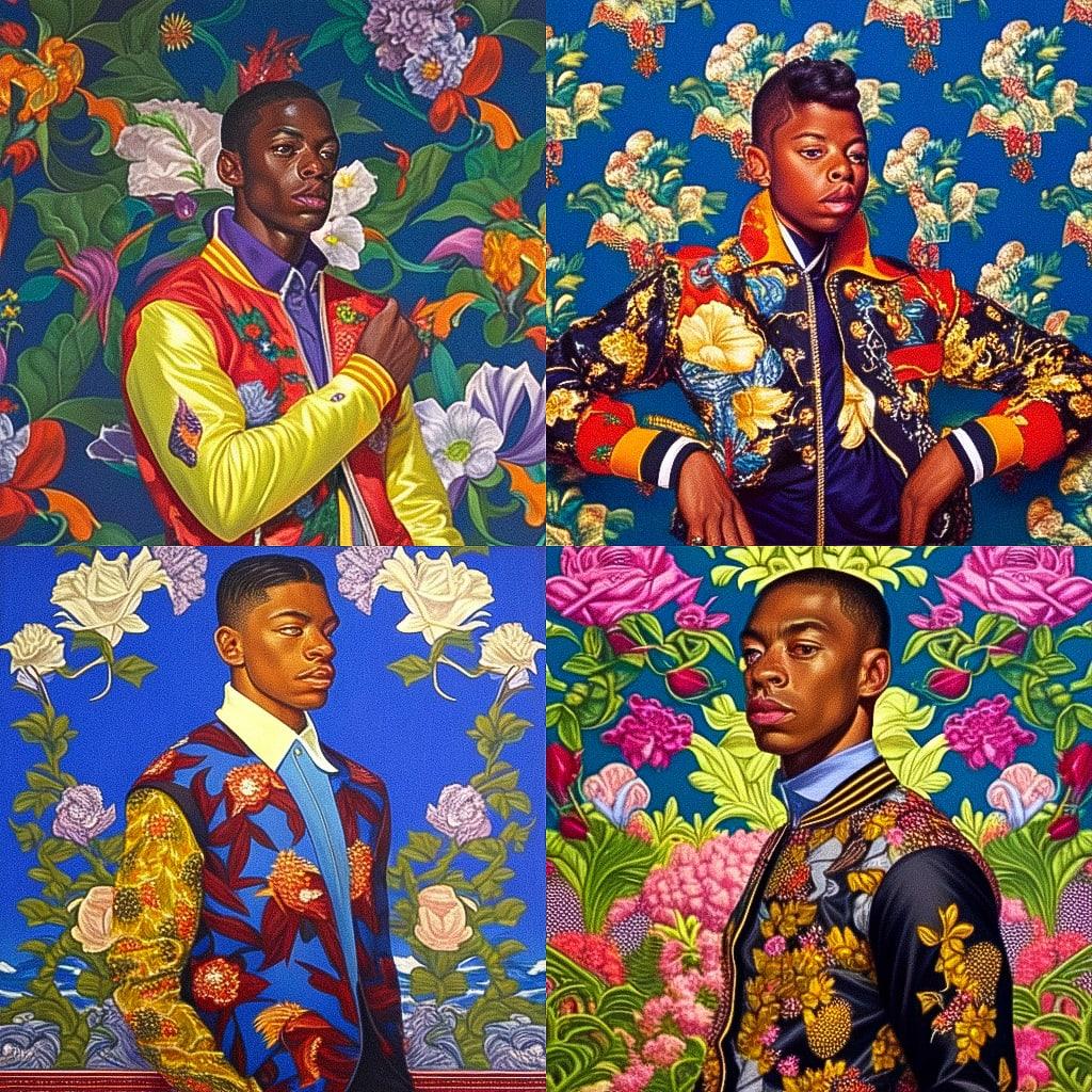 Kehinde Wiley style, Midjourney Niji 4, render 1 of 4