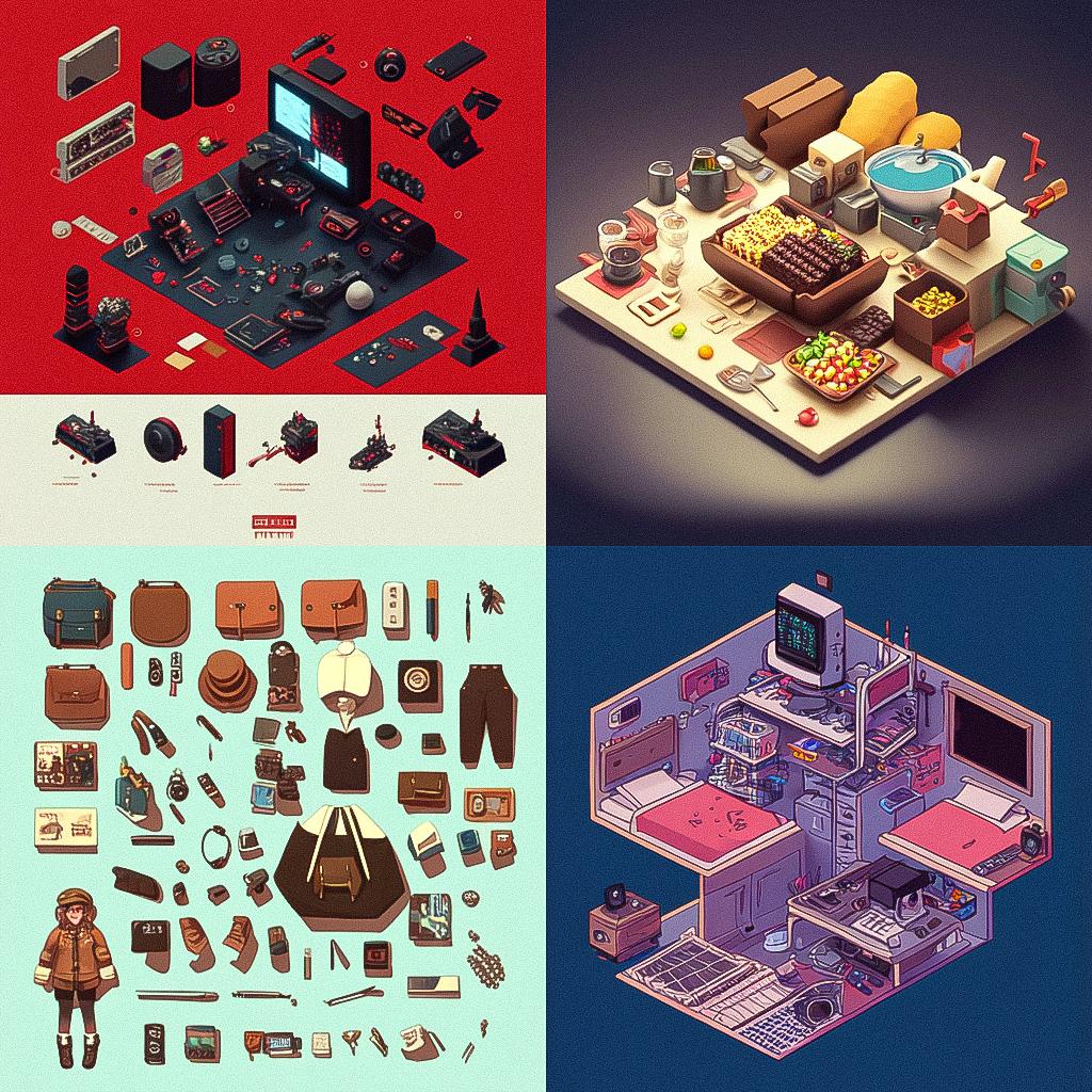 Knolling style, Midjourney Niji 4, render 1 of 4