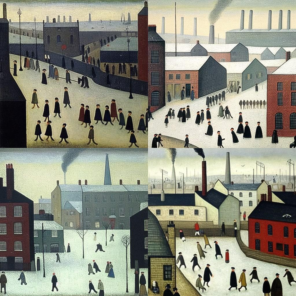 L. S. Lowry style, Midjourney Niji 4, render 1 of 4