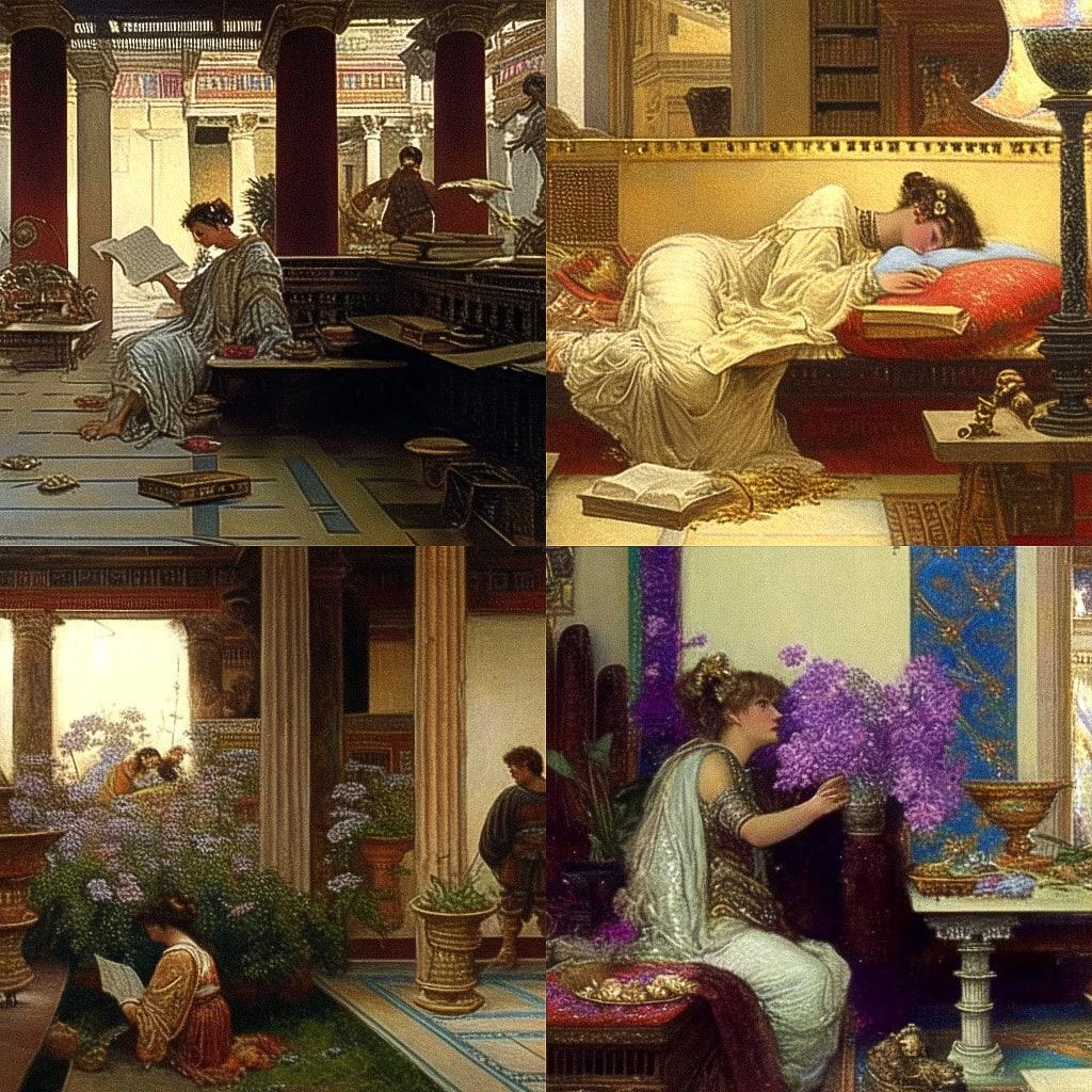 Lawrence Alma-Tadema style, Midjourney Niji 4, render 1 of 4