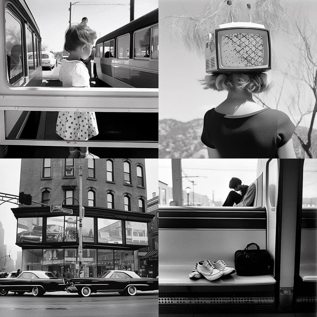 Lee Friedlander style, Midjourney Niji 5, render 1 of 4