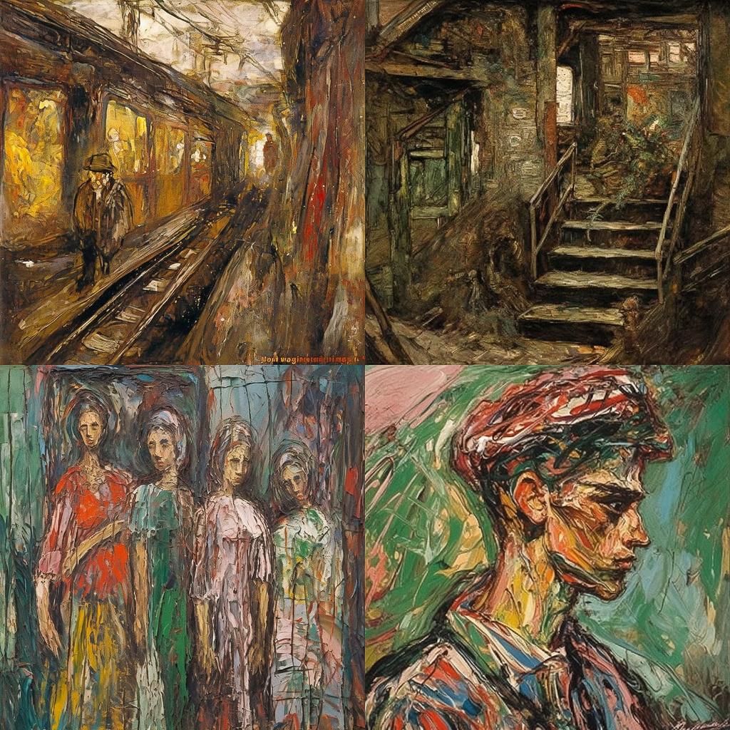 Leon Kossoff style, Midjourney Niji 5, render 1 of 4