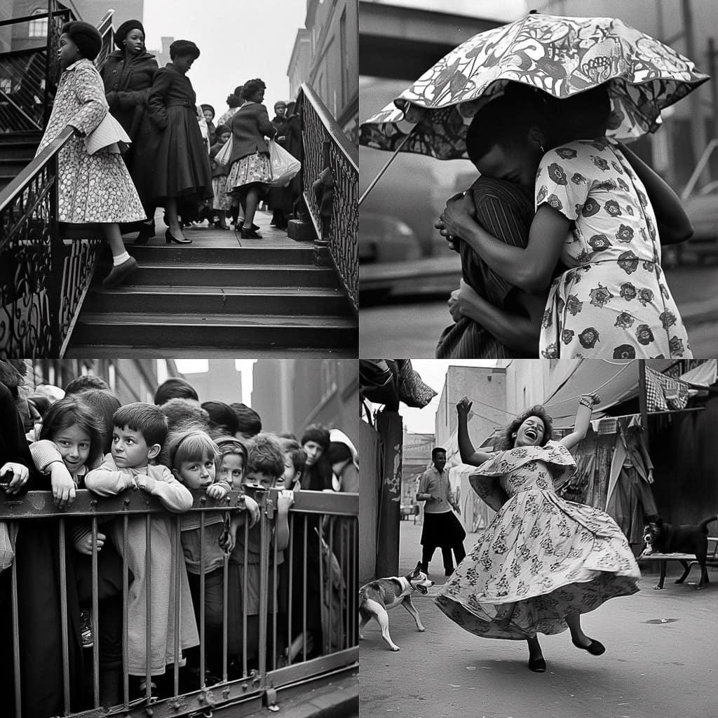 Leonard Freed style, Midjourney Niji 5, render 1 of 4