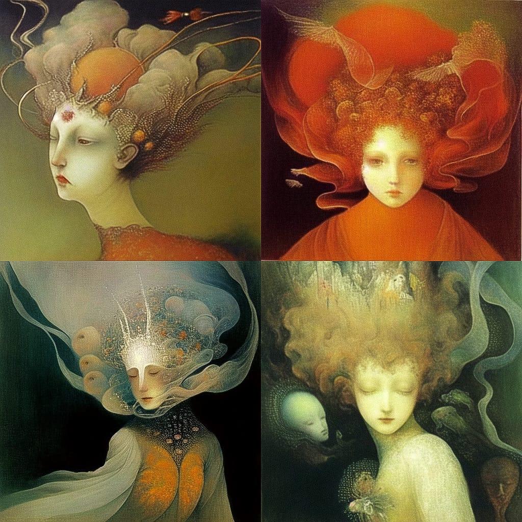 Leonor Fini style, Midjourney Niji 5, render 1 of 4