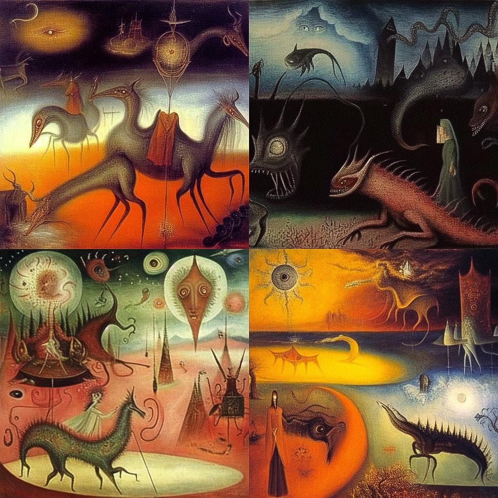 Leonora Carrington style, Midjourney Niji 4, render 1 of 4