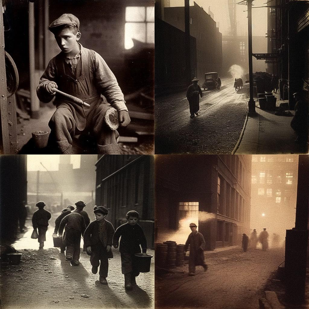 Lewis Hine style, Midjourney Niji 4, render 1 of 4