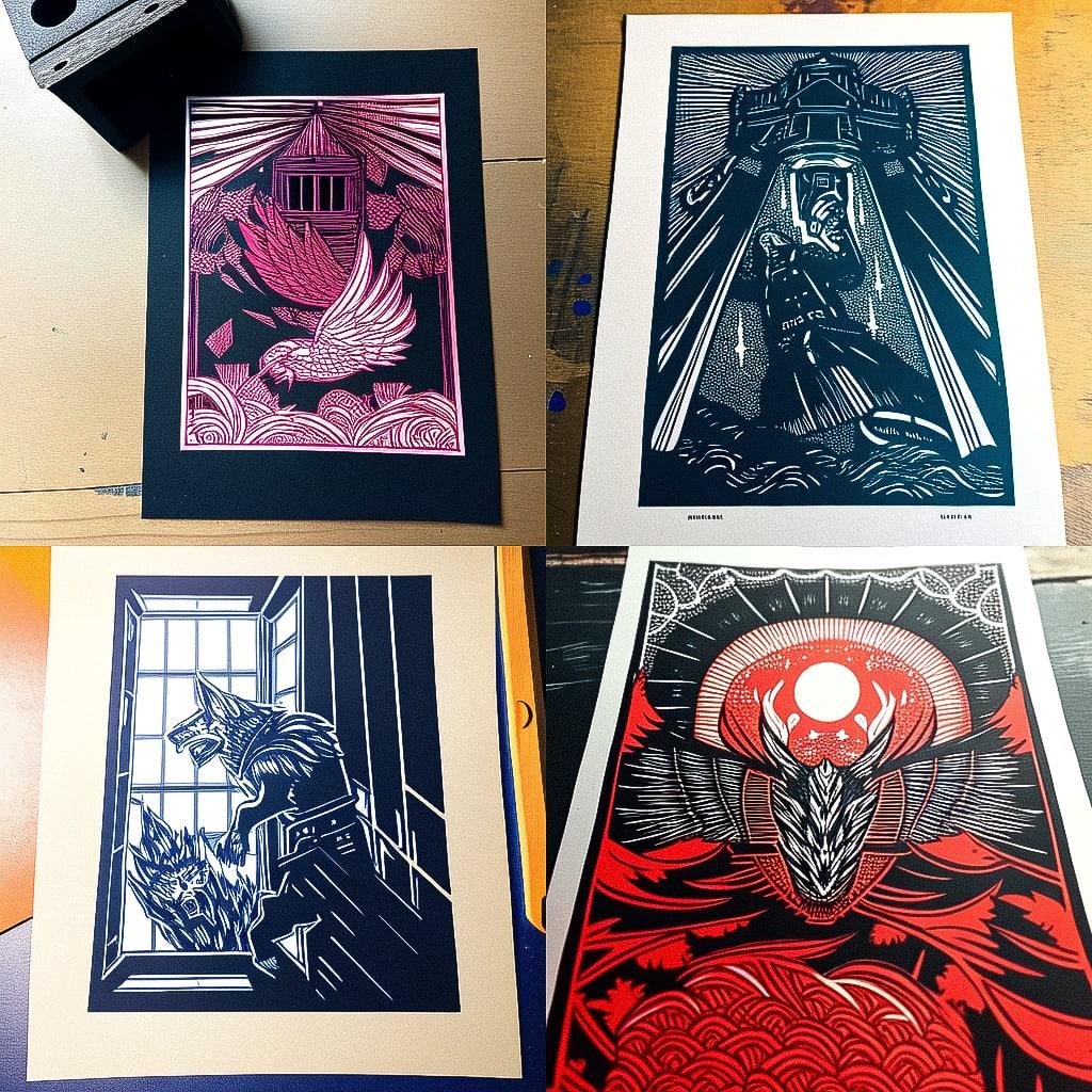 Linocut print style, Midjourney Niji 4, render 1 of 4