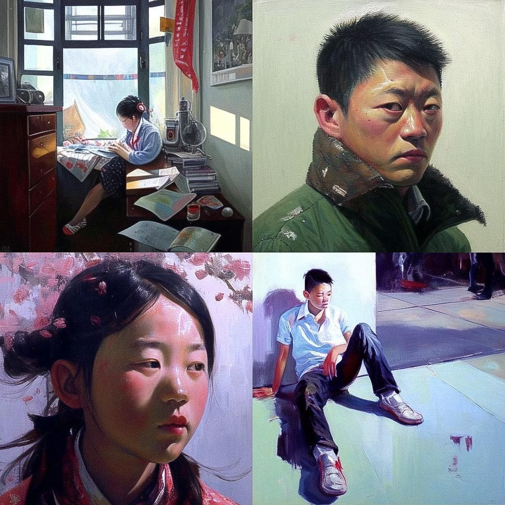 Liu Xiaodong style, Midjourney Niji 4, render 1 of 4