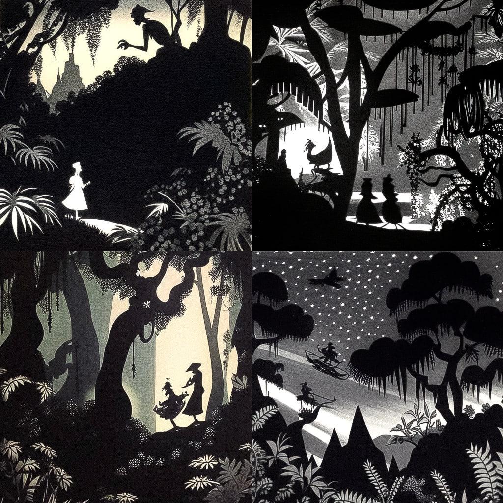 Lotte Reiniger style, Midjourney Niji 4, render 1 of 4