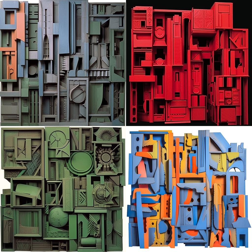 Louise Nevelson style, Midjourney Niji 5, render 1 of 4