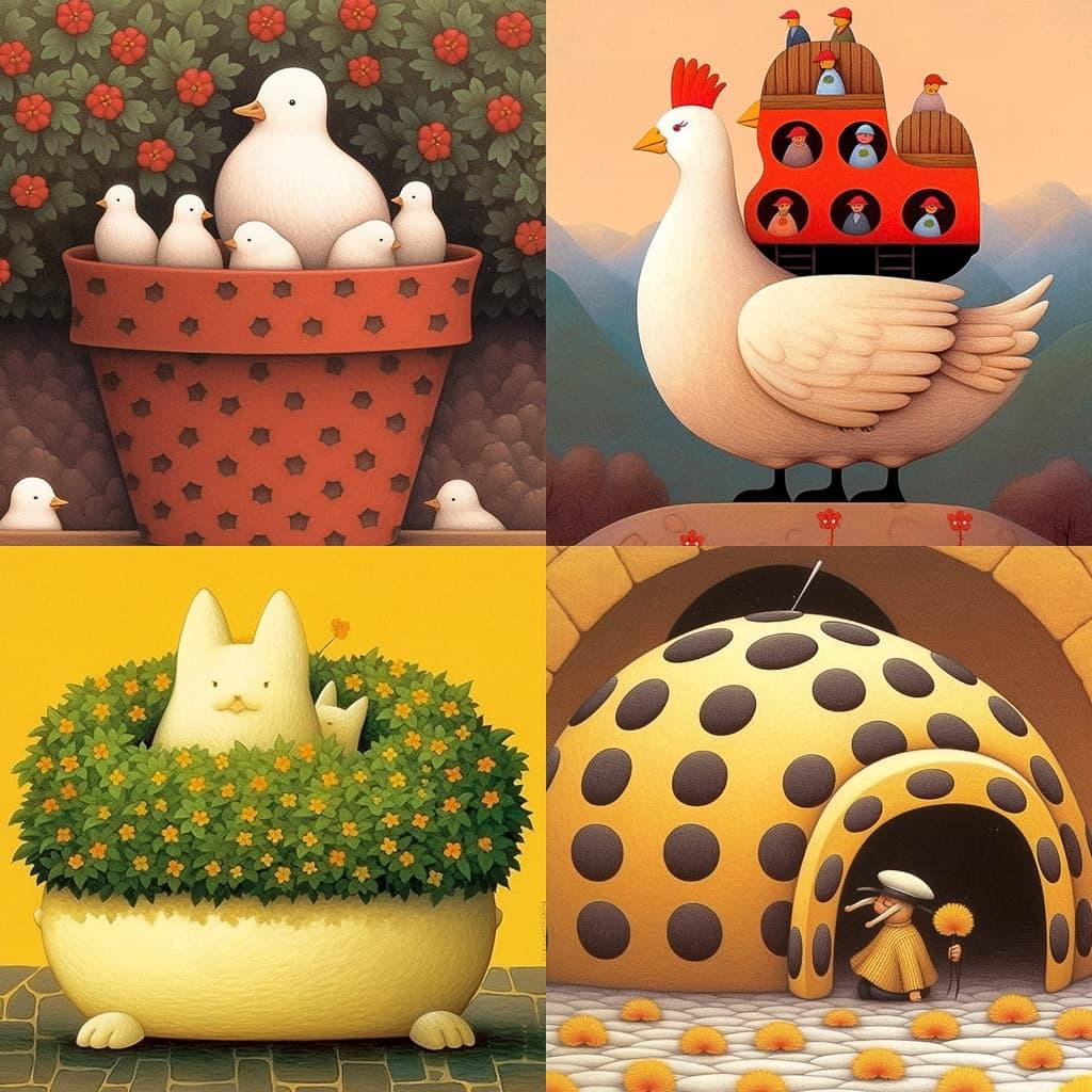 Lowell Herrero style, Midjourney Niji 5, render 1 of 4