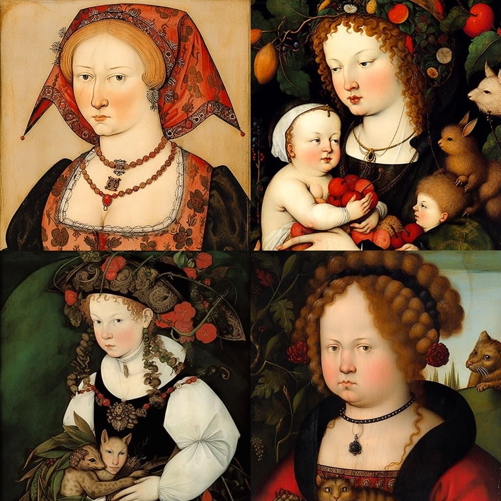 Lucas Cranach the Younger style, Midjourney Niji 5, render 1 of 4